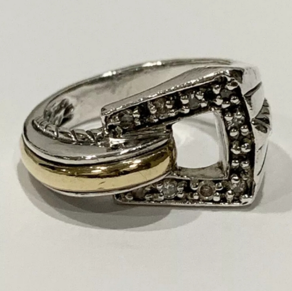 John Hardy Two-Tone Silver And Gold Buckle-Style Ring With Pav Accents